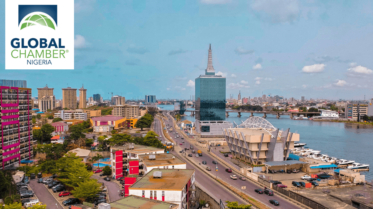 Global Chamber® Nigeria lockup over a Nigerian city skyline